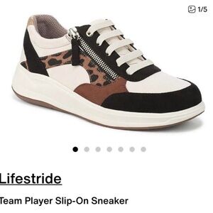 Life Stride Women's Slip-On Sneaker in Black, White & Brown with Leopard Accent
